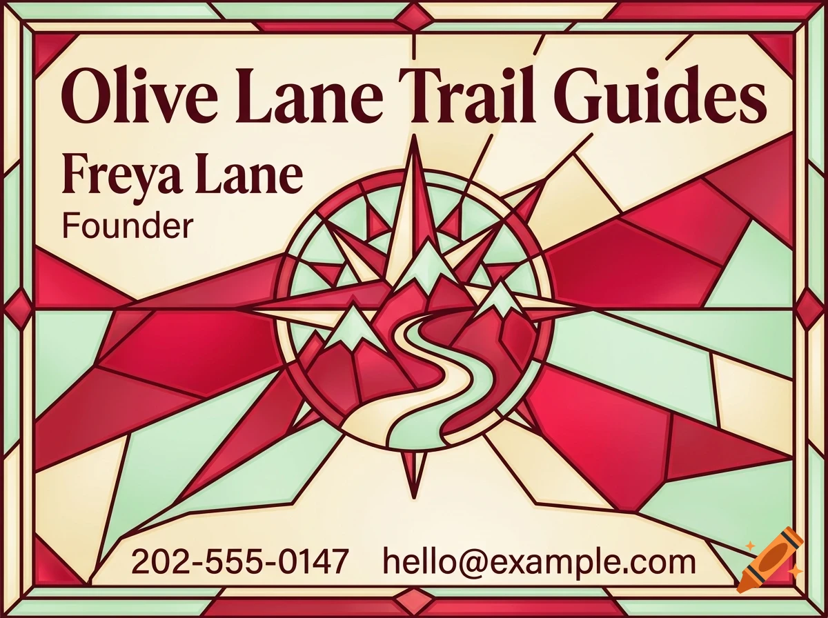 A stained glass style business card with a compass and mountain trail design, featuring the text Olive Lane Trail Guides, Freya Lane, Founder, phone number, and email.