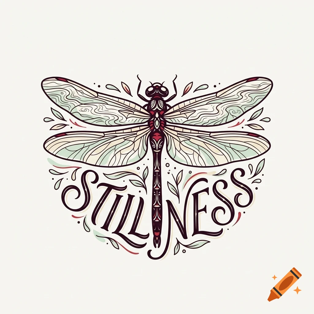 An ornate illustration of a dragonfly surrounded by leaves and the word Stillness below it.
