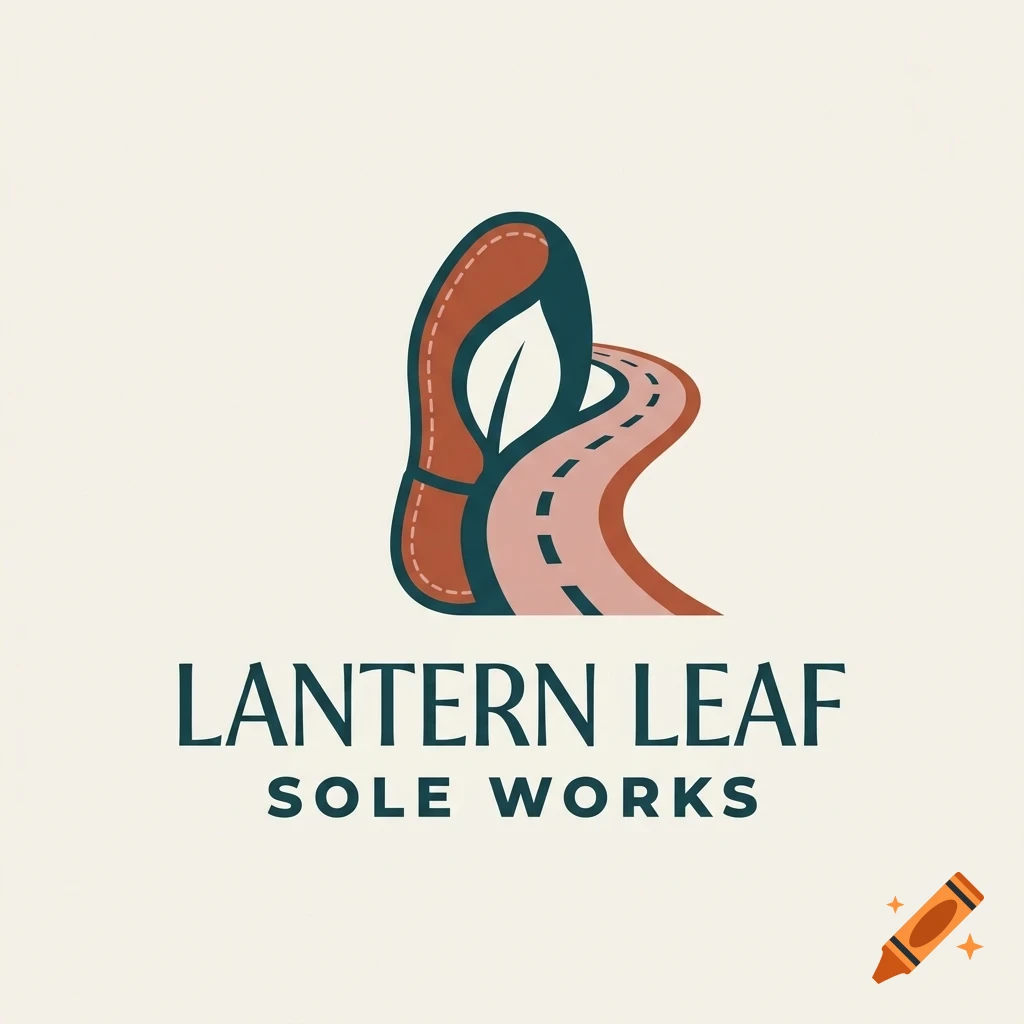 A logo featuring a shoe sole and a winding road with a leaf, accompanied by the text LANTERN LEAF SOLE WORKS.
