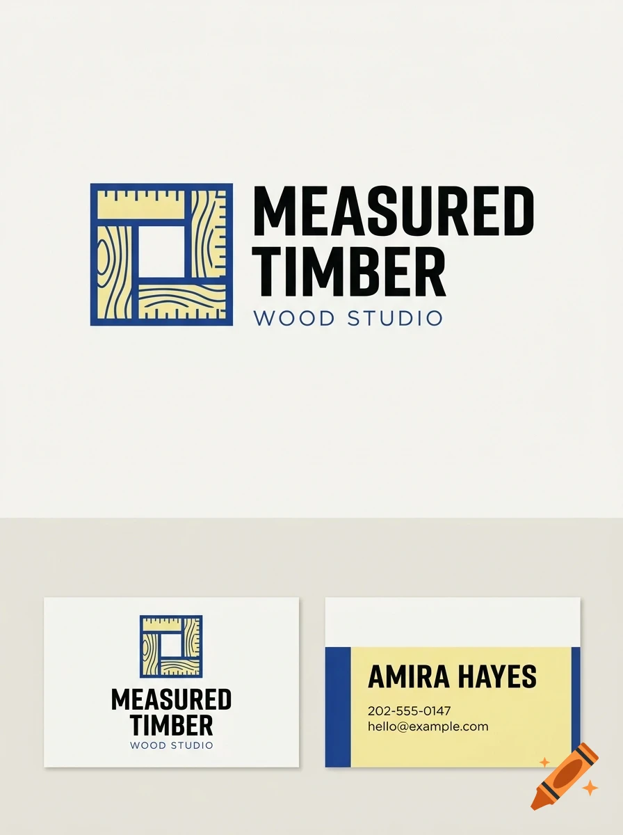 A branding mockup for Measured Timber Wood Studio featuring a logo with a square wood grain and ruler design, alongside business cards showing Amira Hayes's name and contact details.