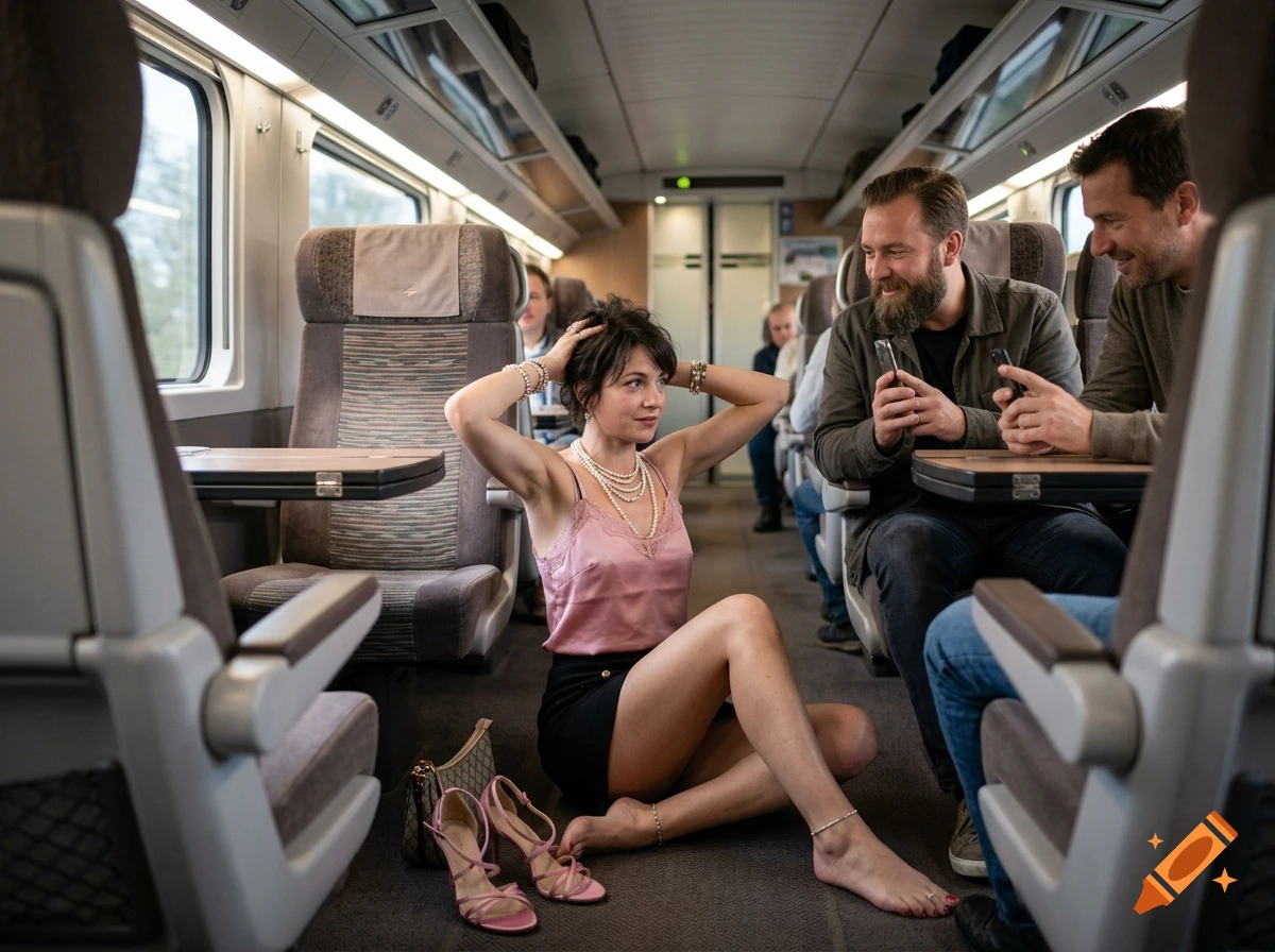 Photorealistic scene of a woman sitting on the floor of a first-class train carriage while two men take photos of her with their phones.