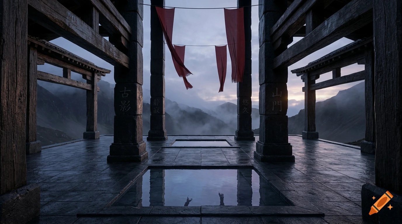 Photorealistic open-air basalt stone temple courtyard with prayer pools, timber archways, and distant misty mountains at dusk.