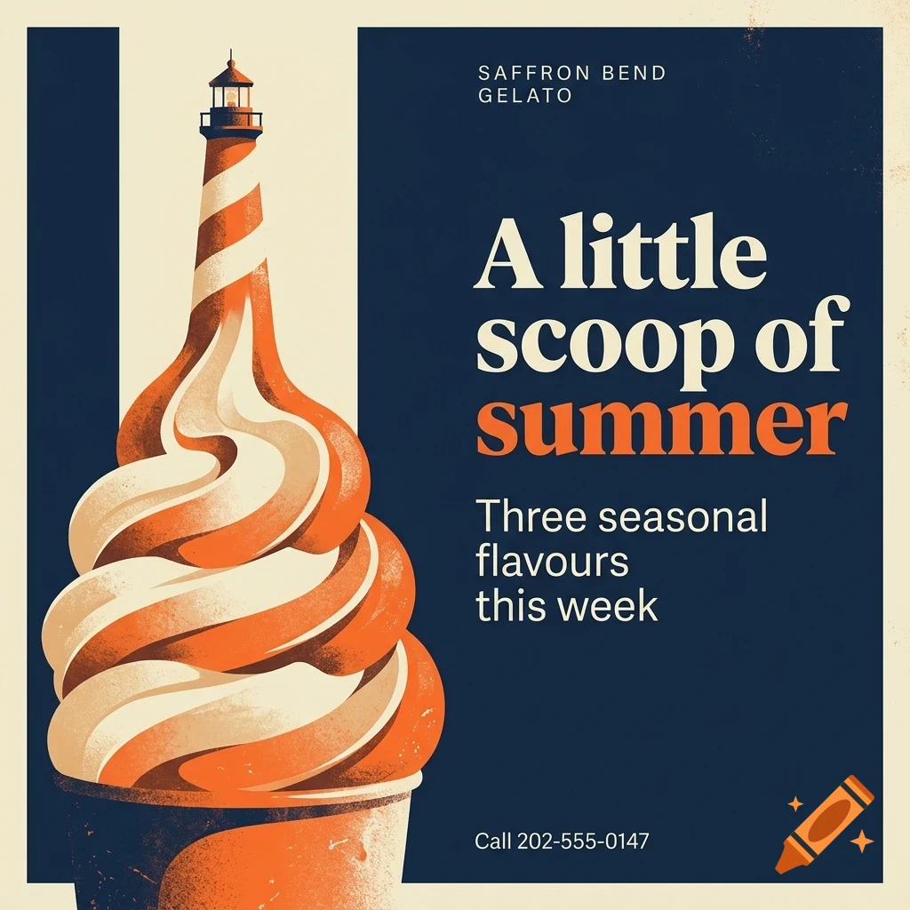 An advertisement for Saffron Bend Gelato featuring a soft-serve ice cream cone styled like a lighthouse.