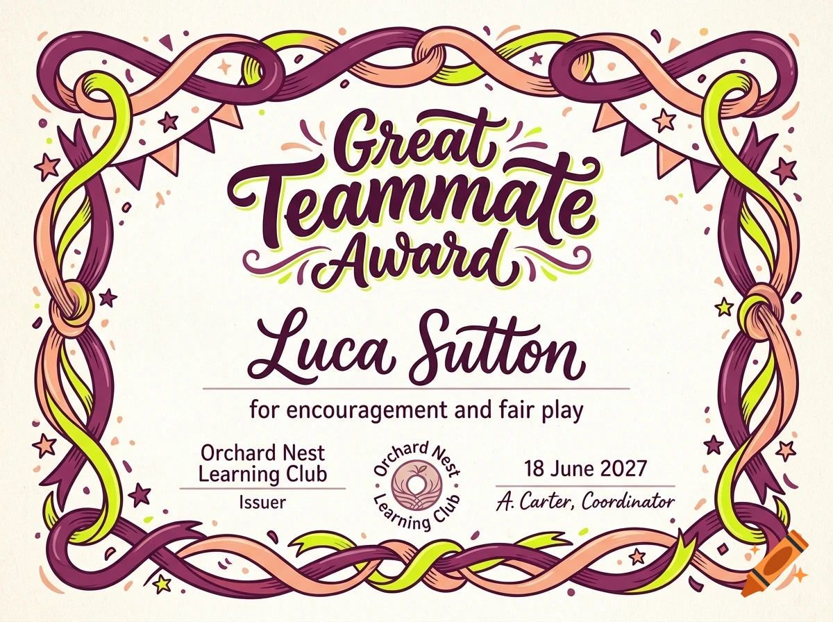 An illustrated award certificate with decorative ribbon border, reading Great Teammate Award for Luca Sutton.