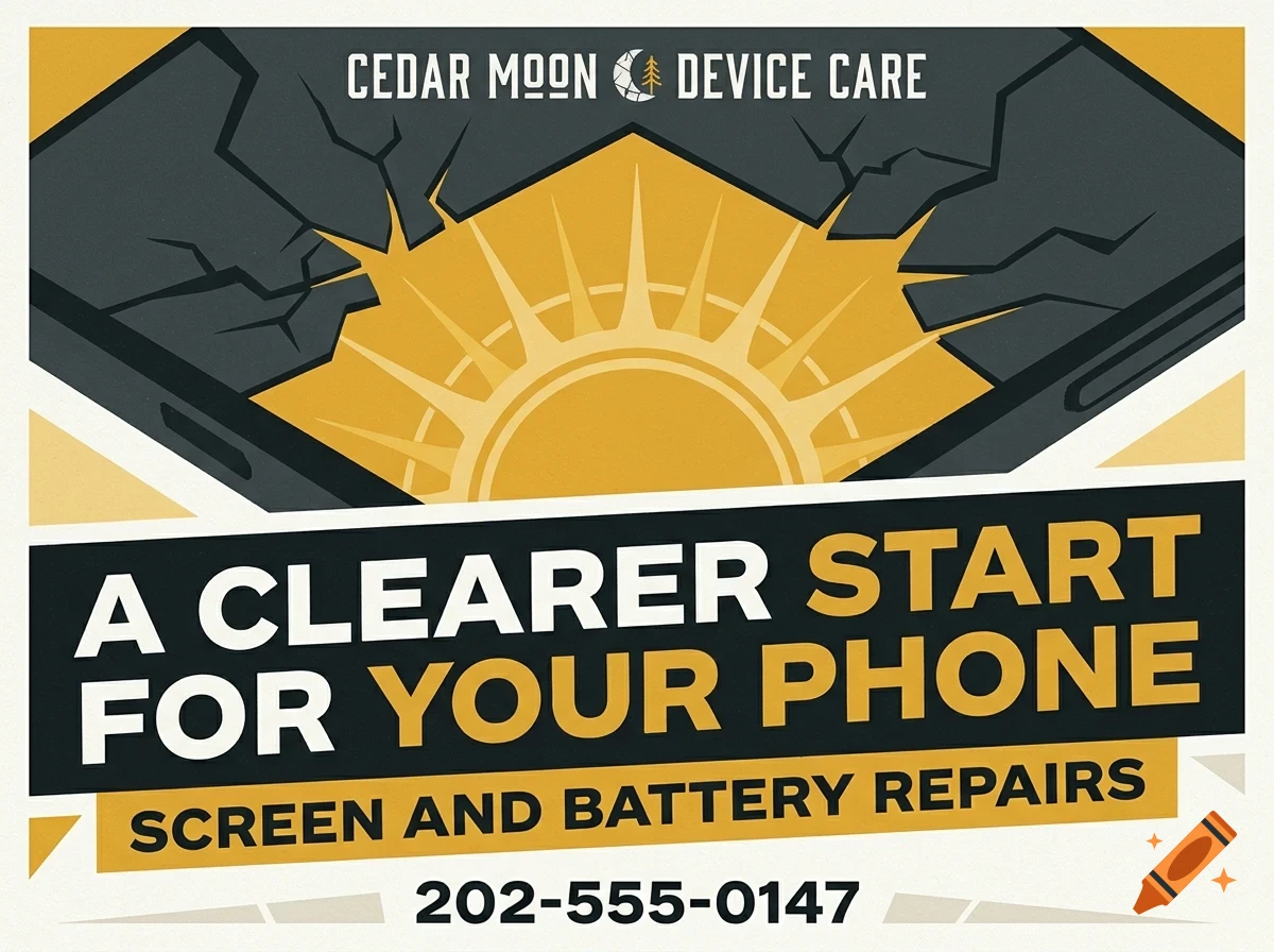 An advertisement for Cedar Moon Device Care featuring a cracked phone screen over a sun graphic and the text A clearer start for your phone.