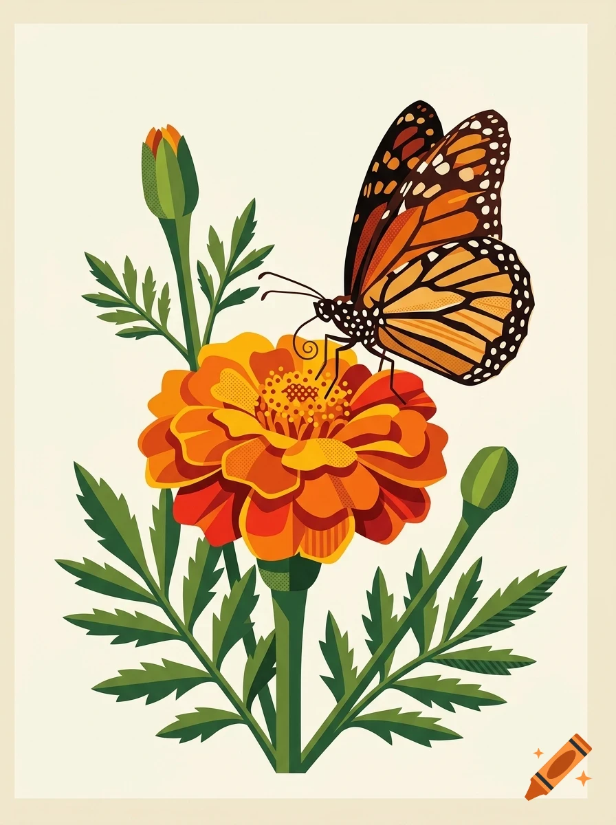 An orange and black monarch butterfly on an orange marigold flower with green leaves in a vector art style.