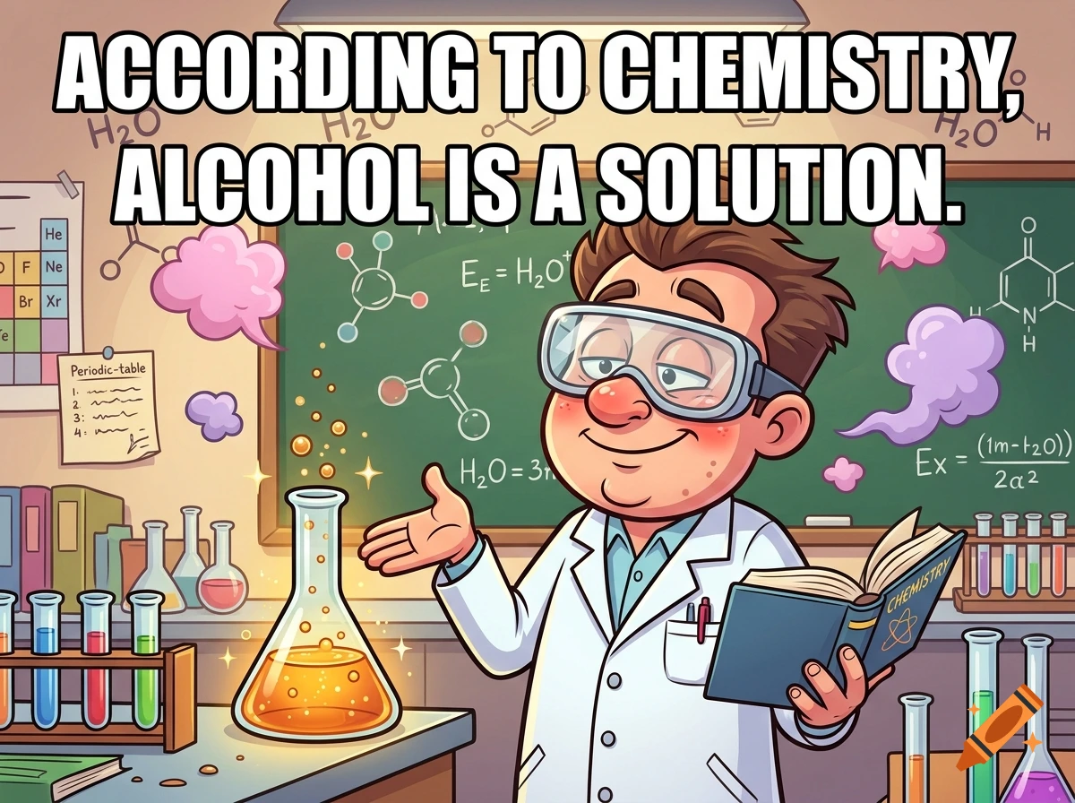 Cartoon scientist in a lab with a flask, text reading 'According to chemistry, alcohol is a solution.'