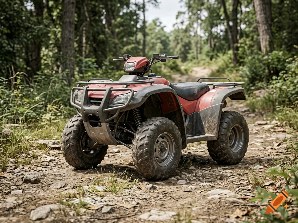 Photorealistic image of a red ATV parked on a dirt path in a lush green forest.
