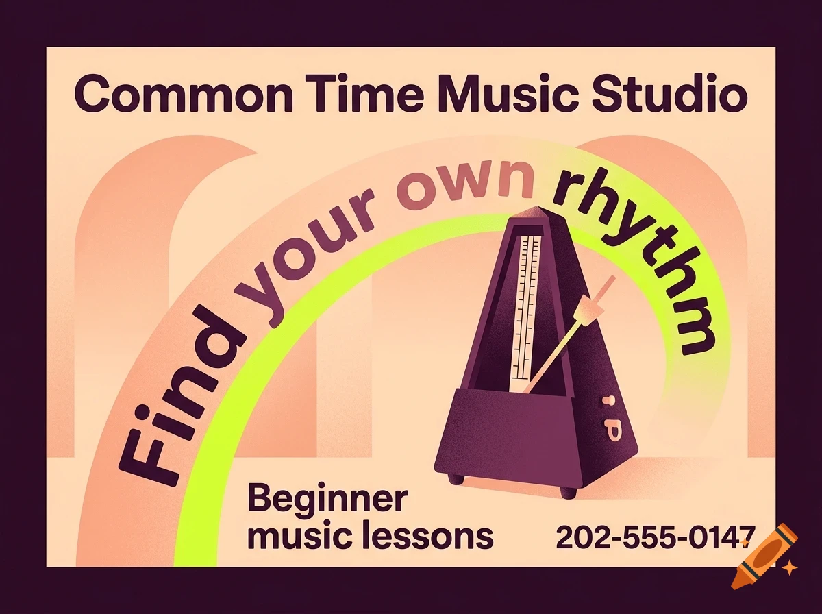 An advertisement for Common Time Music Studio featuring a metronome illustration and text reading 'Find your own rhythm'.