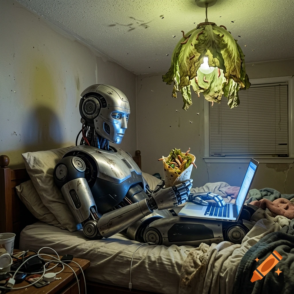 A photorealistic image of a metallic robot lying in a messy bed, eating a wrap and using a laptop.