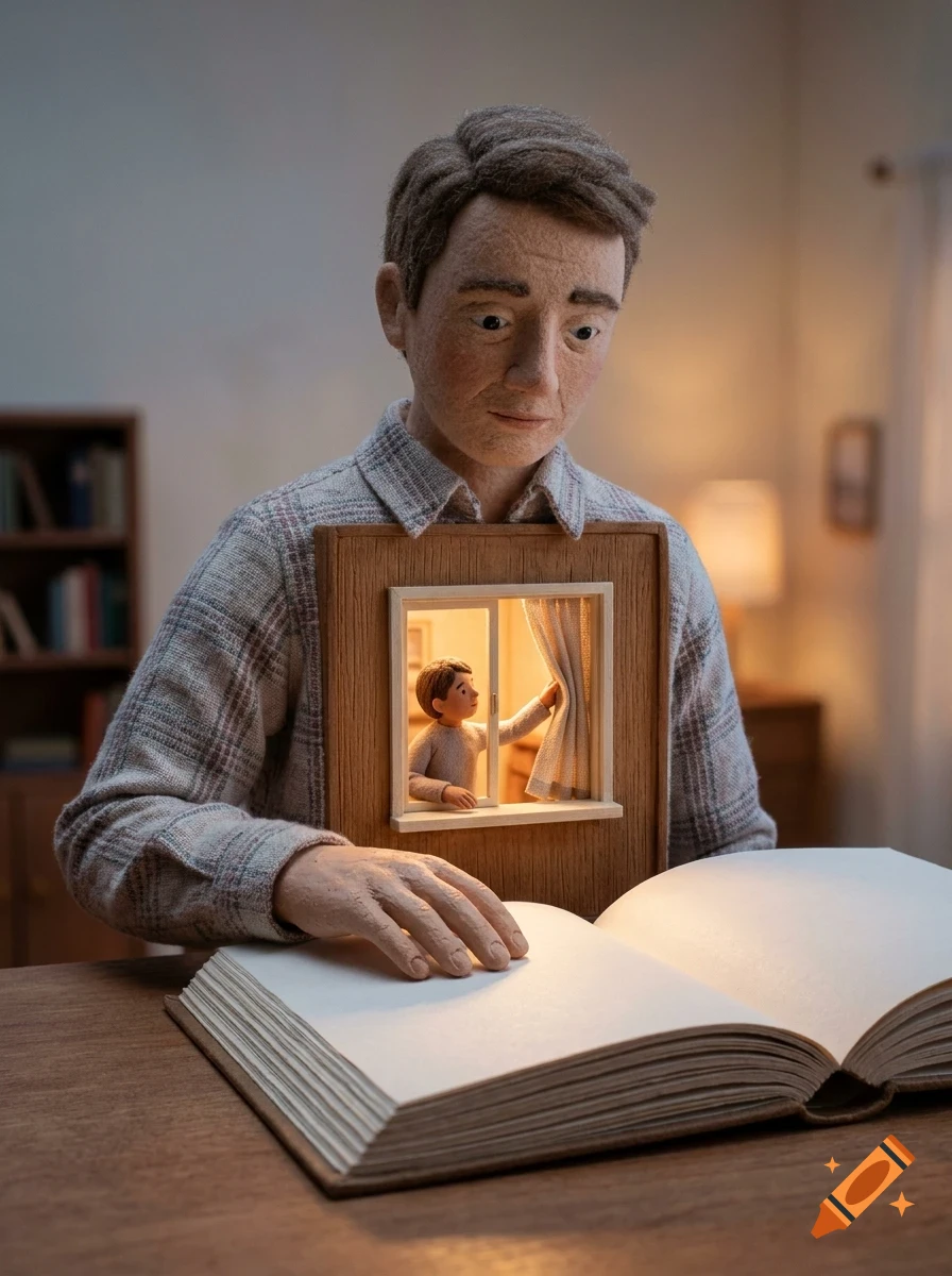 A felt-crafted figure of a man wearing a plaid shirt sitting at a desk, looking down at an open book with a small illuminated window built into his chest showing a smaller figure opening curtains.