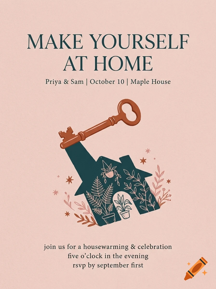 An illustrated housewarming invitation with a key, a house silhouette filled with plants, and the text Make Yourself At Home.