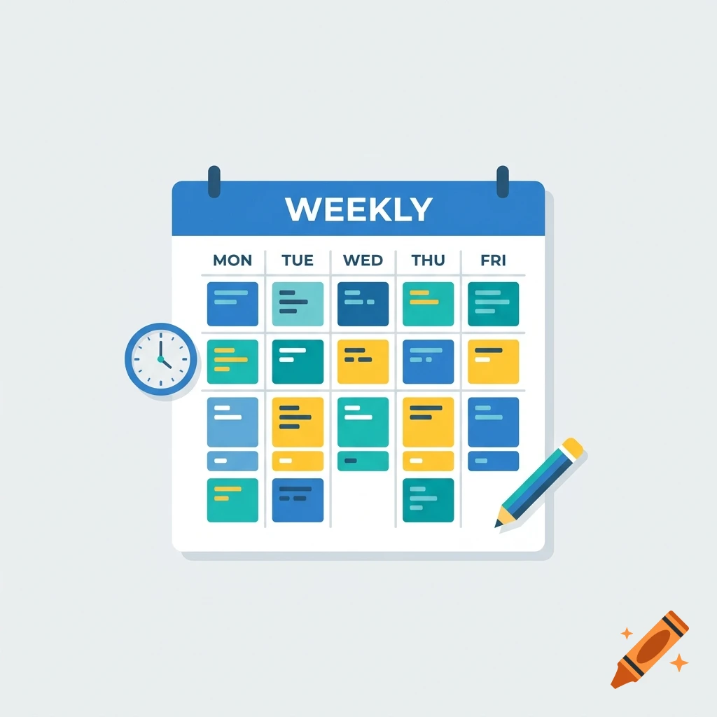 A flat vector illustration of a weekly calendar with a clock and a pencil.