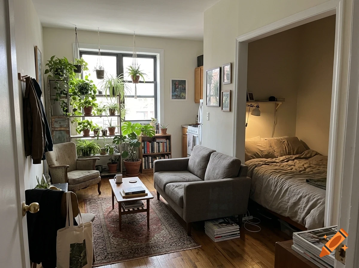 A cozy apartment interior with a living room featuring a gray sofa, armchair, coffee table, and numerous potted plants near a window, with a bedroom visible through an open doorway.