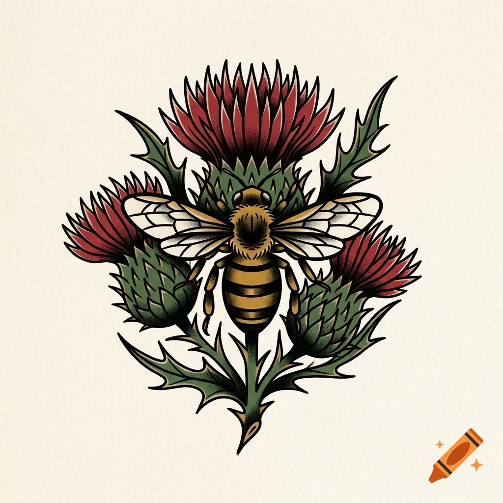An illustrated bee centered over a cluster of red thistle flowers and green spiky leaves against a pale background.