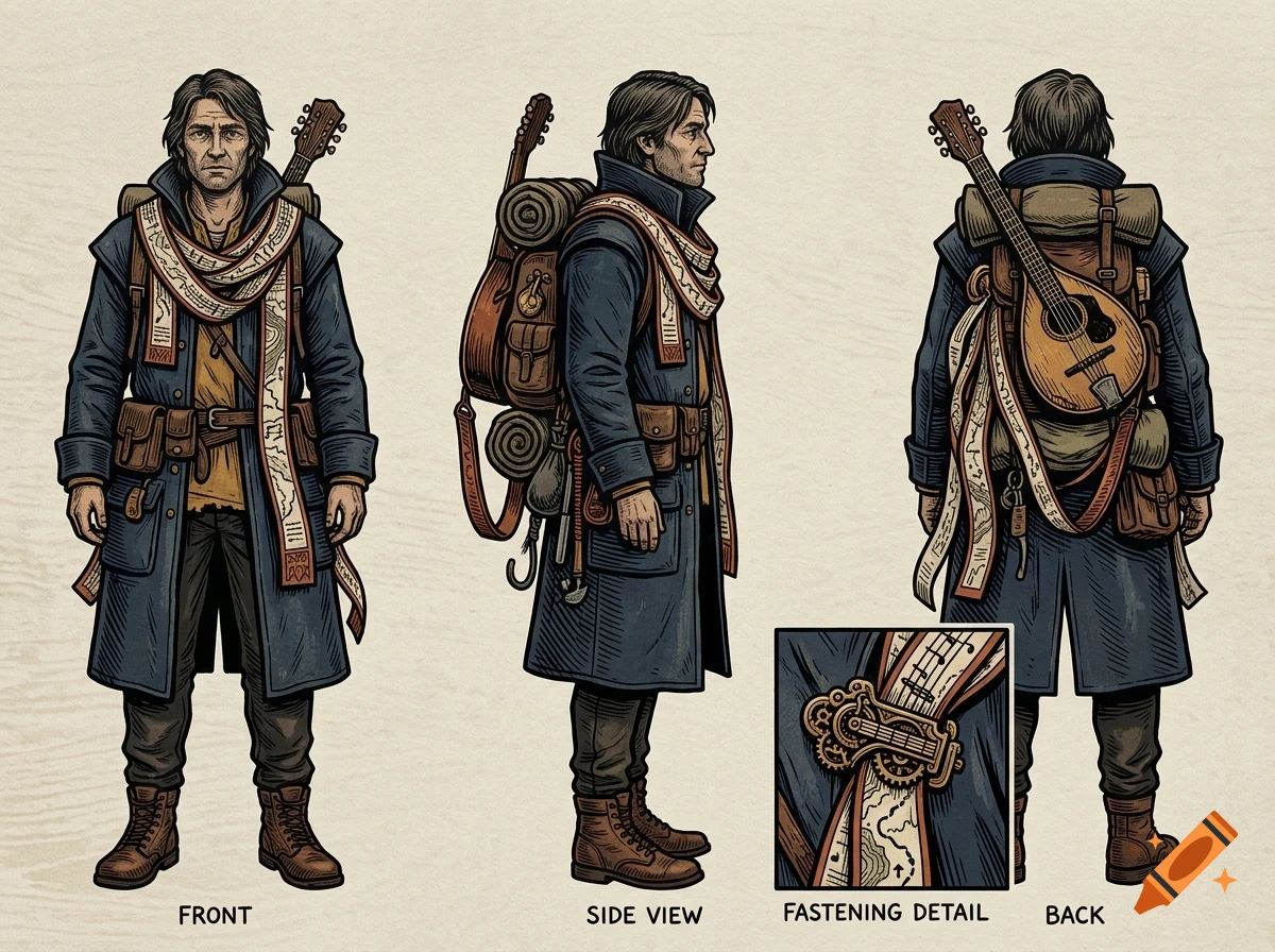 Character design sheet showing front, side, and back views of a traveling man carrying a large backpack and a musical instrument, with a close-up detail inset.