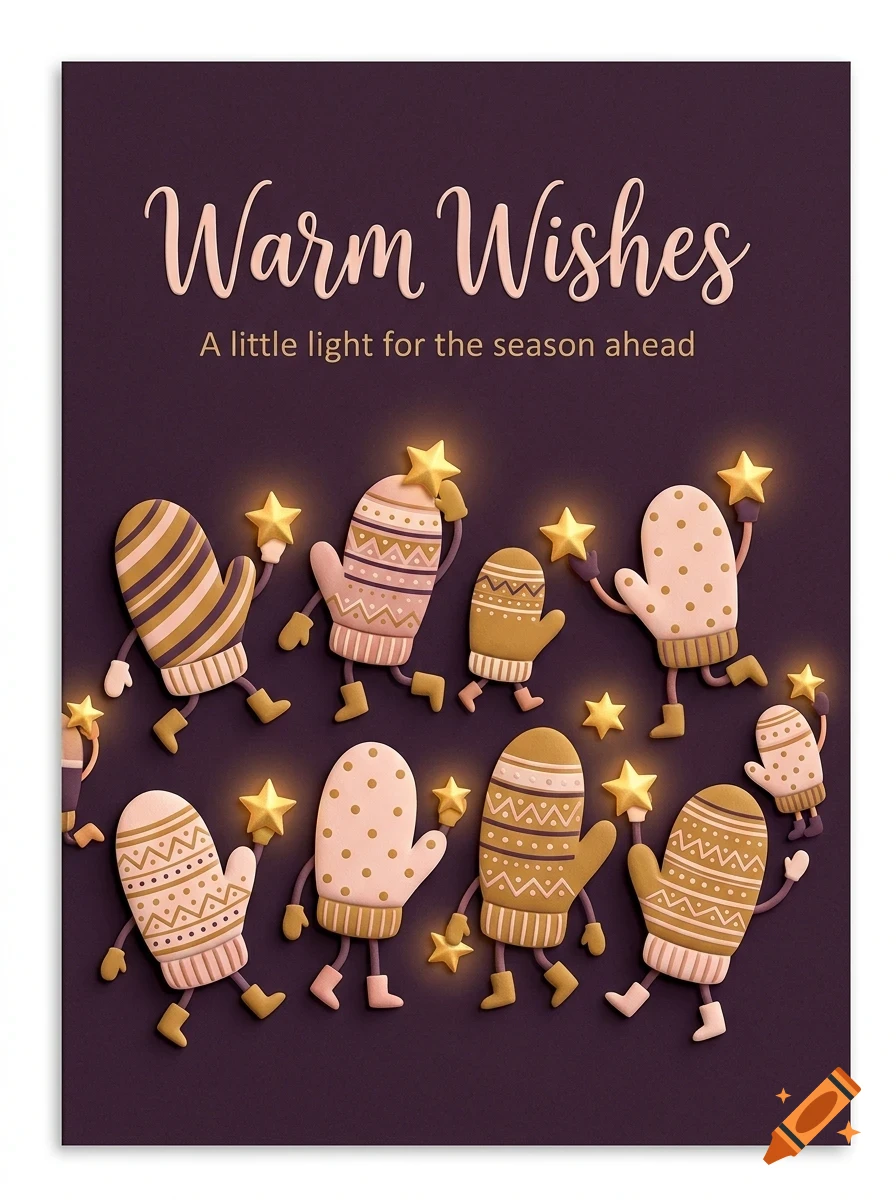 A greeting card with the text 'Warm Wishes' and 'A little light for the season ahead', featuring animated mittens holding glowing stars against a dark purple background.