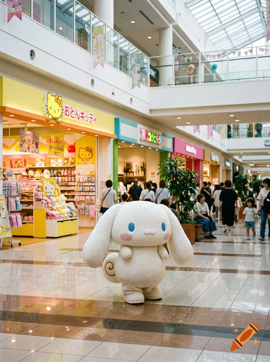 A Cinnamoroll mascot stands in the middle of a multi-level shopping mall with stores and shoppers in the background.