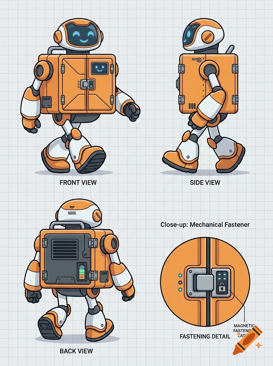 An illustration showing front, side, and back views of a cute orange and white robot, alongside a close-up detail of its mechanical fastener.