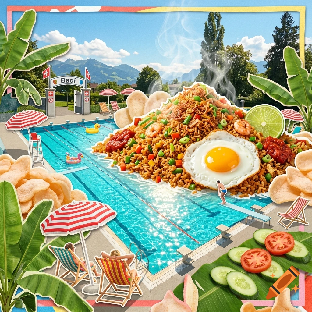 A surreal collage combining a Swiss outdoor swimming pool with a mountain backdrop and a large serving of Nasi Goreng.