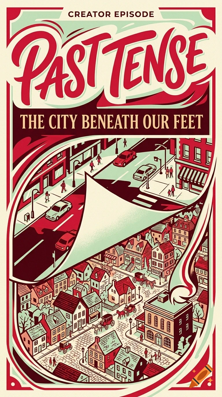 An illustrated poster titled PAST TENSE - THE CITY BENEATH OUR FEET depicting a peeled-back view of modern city streets revealing an older historic town underneath.