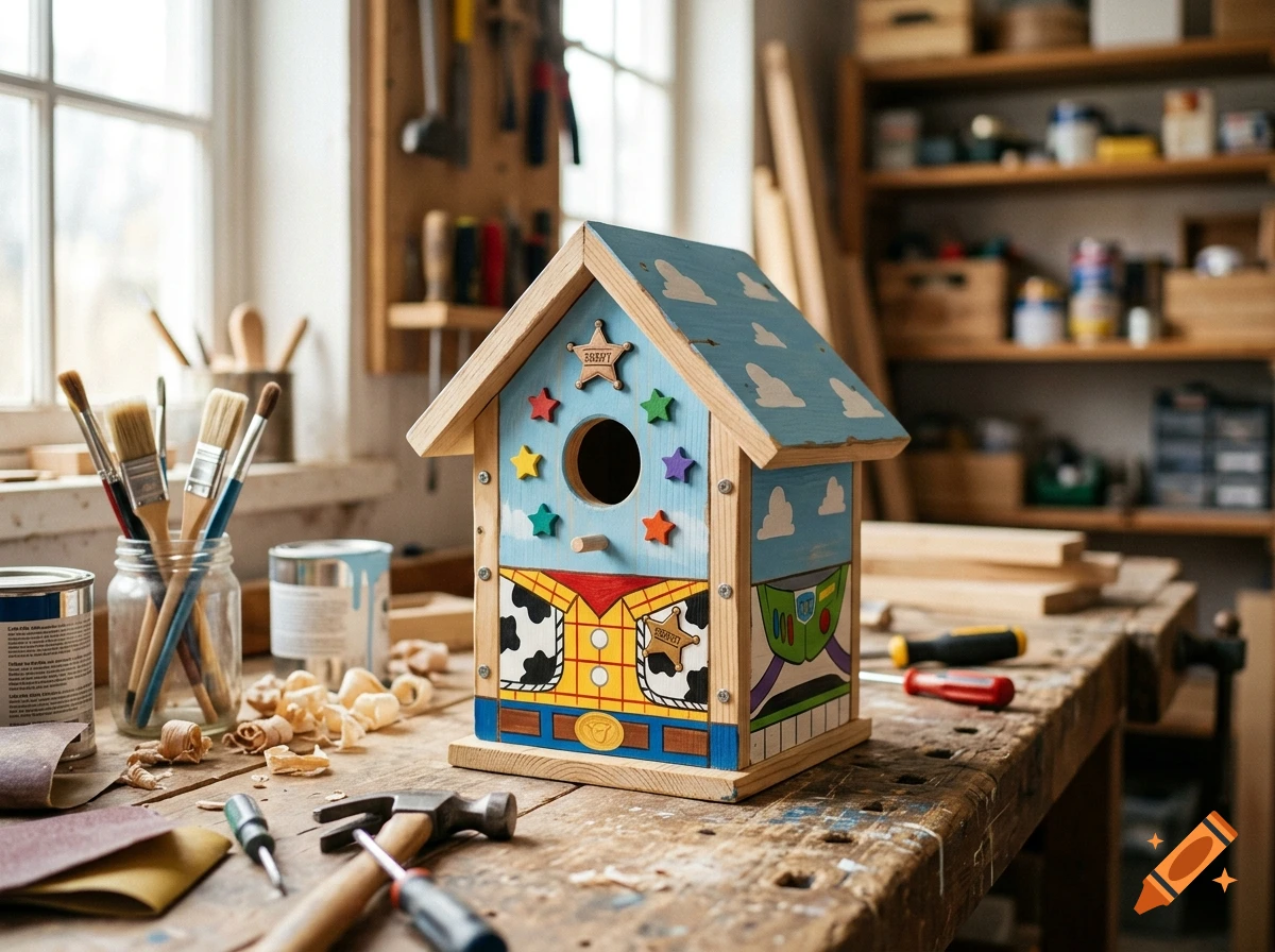 A handmade birdhouse painted with Toy Story Woody and Buzz Lightyear themes on a wooden workbench in a workshop.