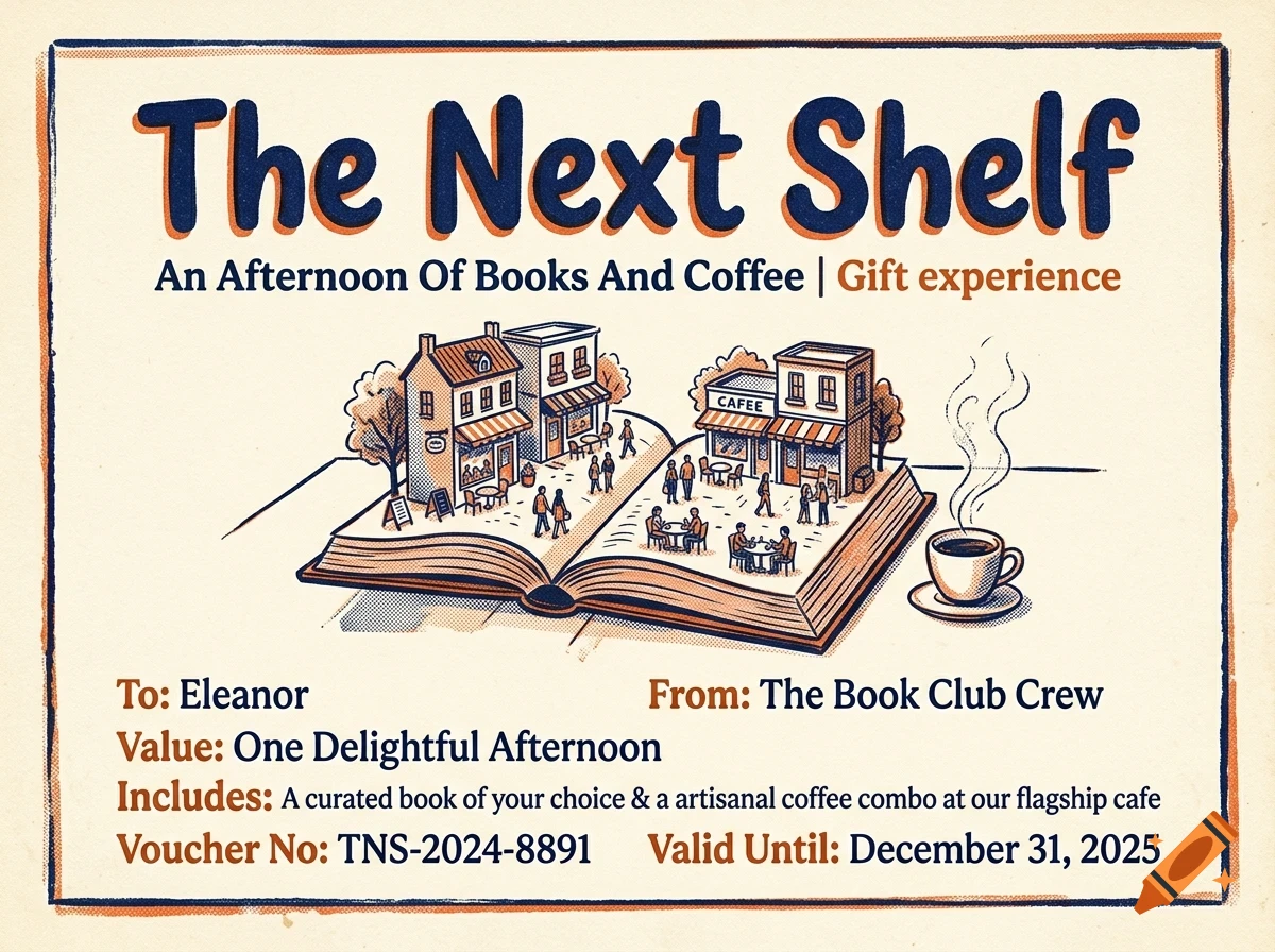 An illustrated gift voucher titled The Next Shelf featuring an open book with miniature buildings and a cup of coffee.