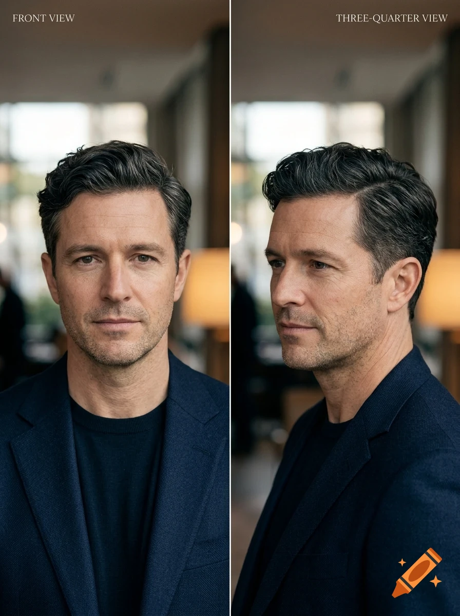 Front and three-quarter view portraits of a middle-aged man with dark hair in a blue blazer.