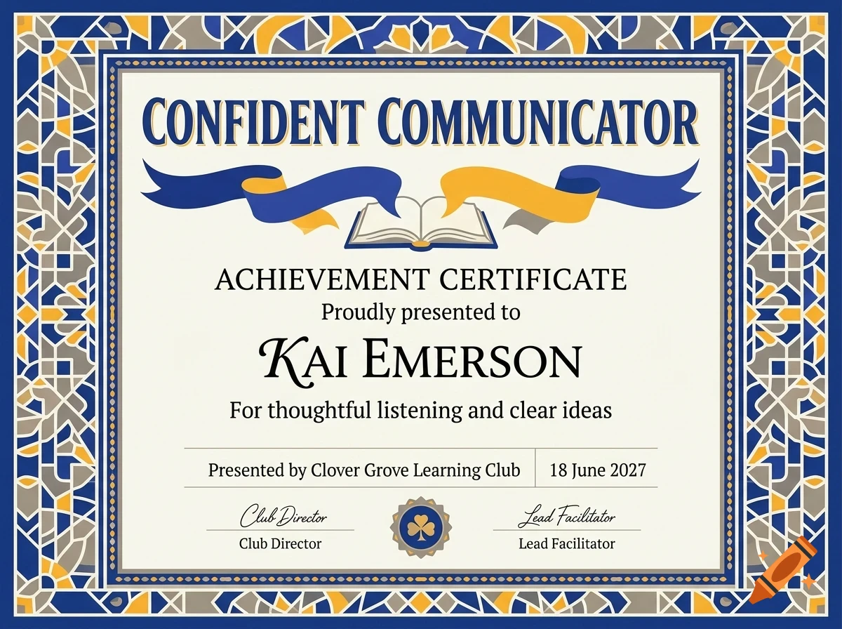 An achievement certificate titled Confident Communicator, featuring an ornate blue, yellow, and grey mosaic border and an open book graphic.