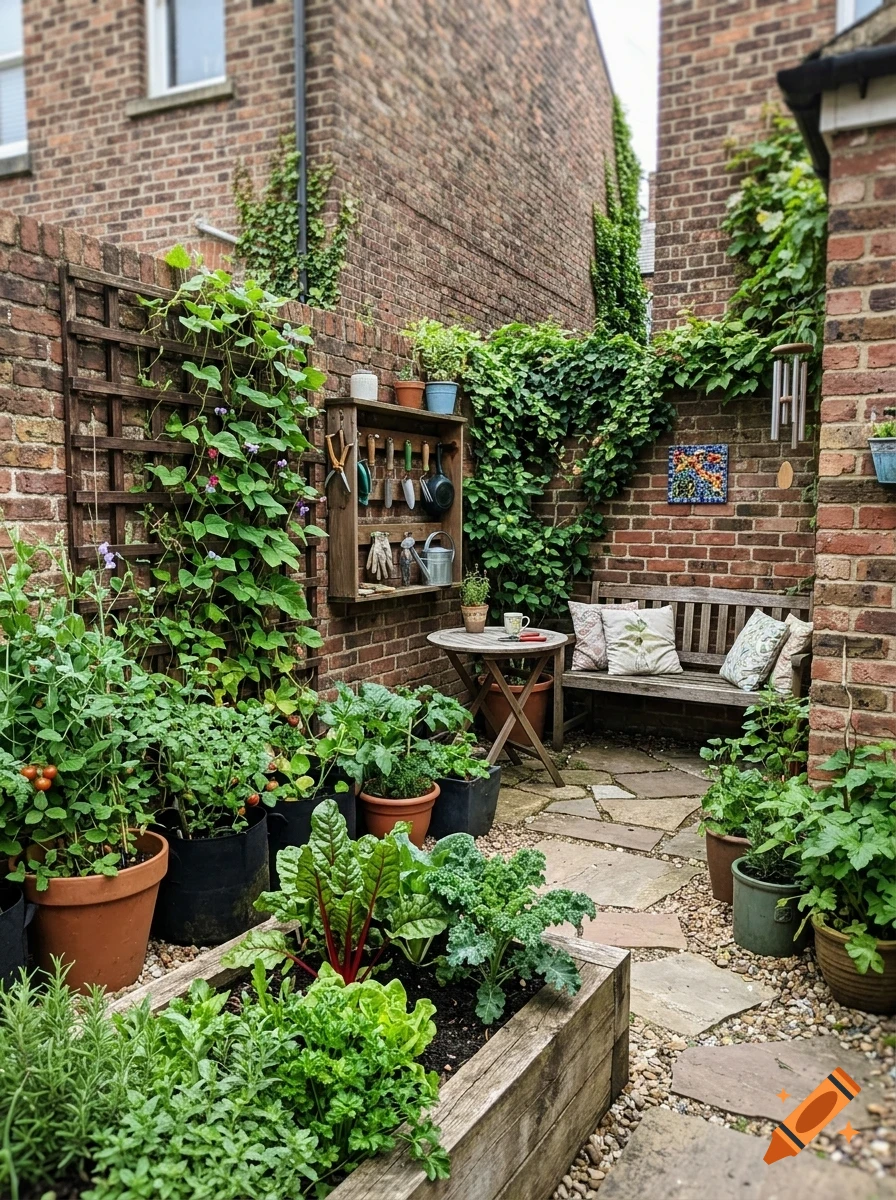 A lush brick courtyard garden filled with potted plants, a wooden bench, a small round table, and a raised garden bed.