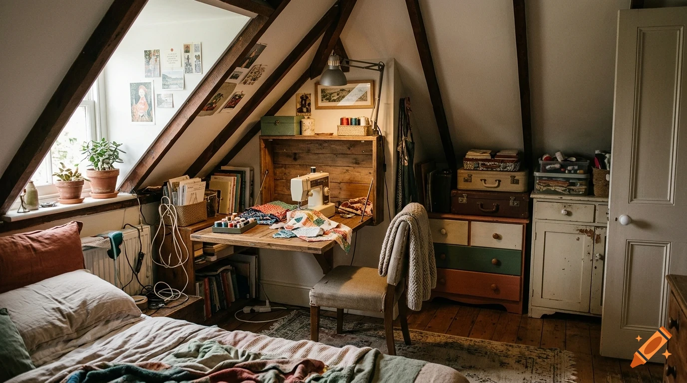 A cozy attic bedroom with a sloped wooden ceiling, a sewing desk with a machine, a bed in the foreground, and storage cabinets.