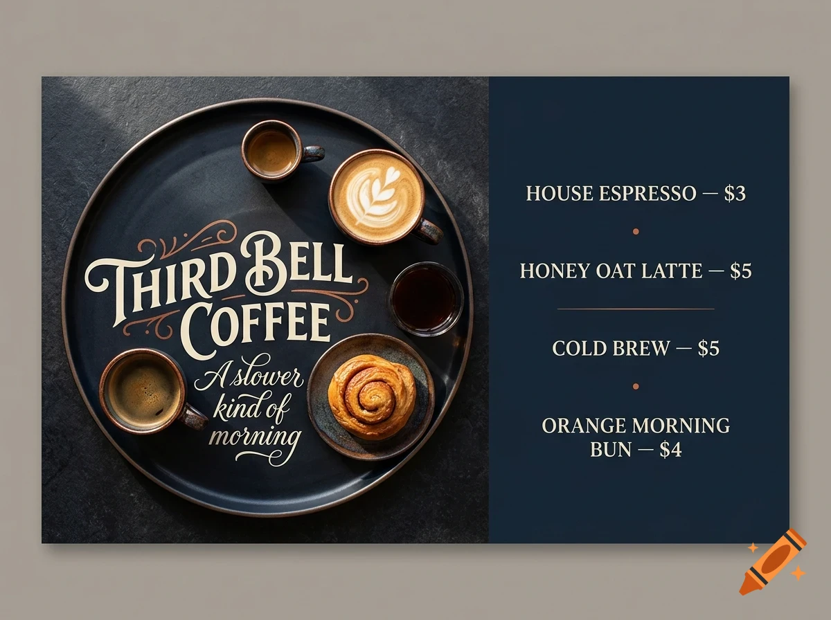 An overhead view of a coffee menu design featuring a black tray with coffee cups and a pastry on the left and pricing text on the right.