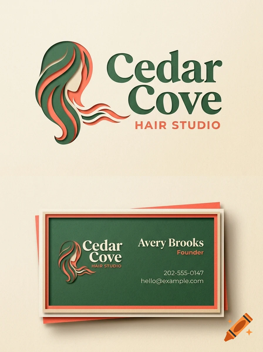 A branding design for Cedar Cove Hair Studio, featuring a layered papercut graphic of a woman's profile with flowing green and peach hair, accompanied by matching business card mockups.