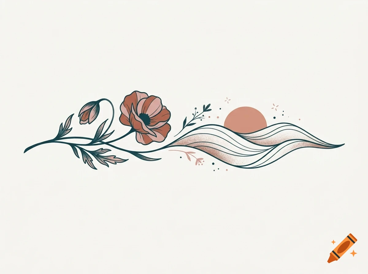 An artistic illustration of a flower branching into abstract waves and a sun.
