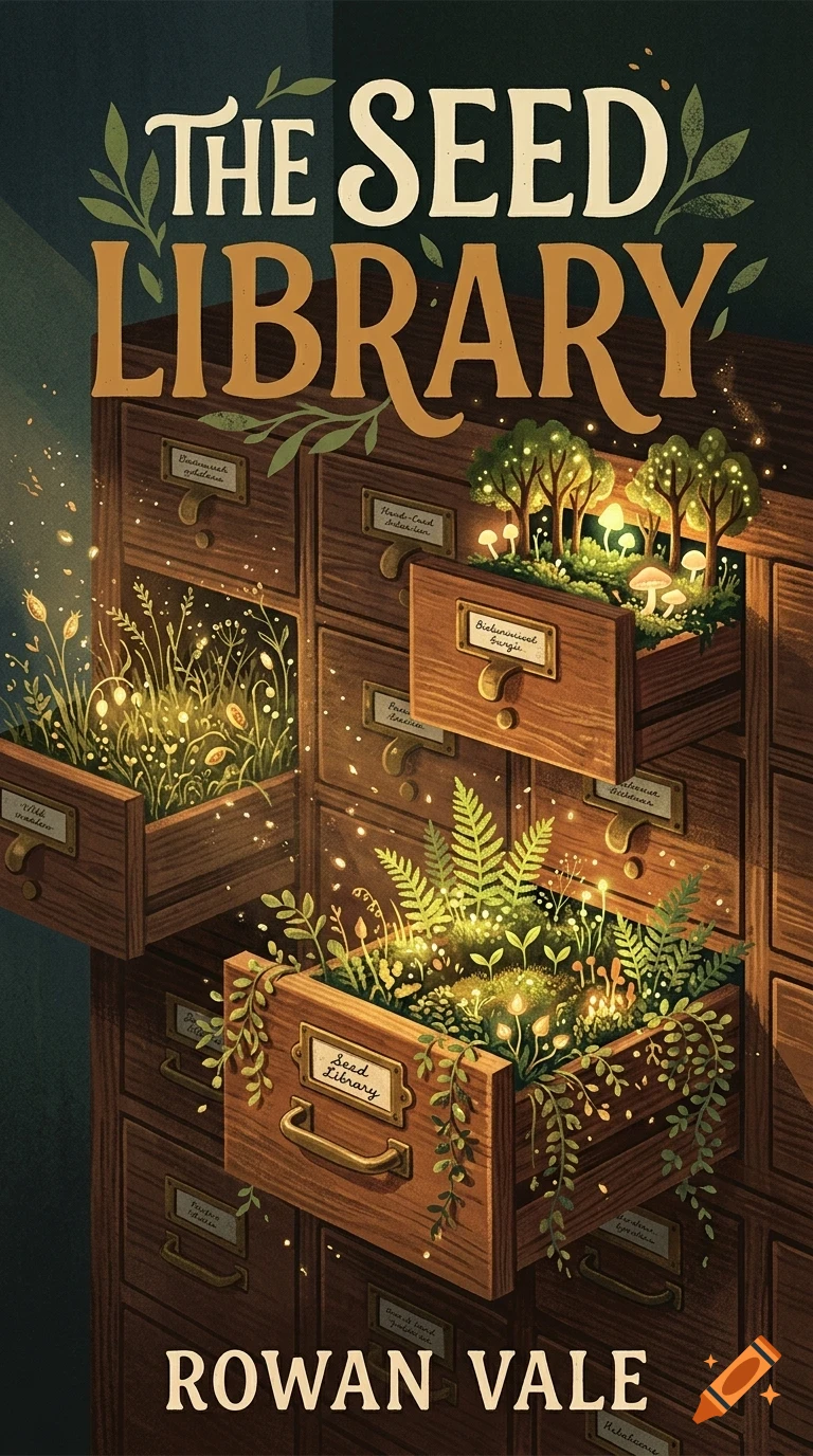 An illustrated book cover showing a wooden card catalog with open drawers containing glowing plants, moss, and miniature forests.