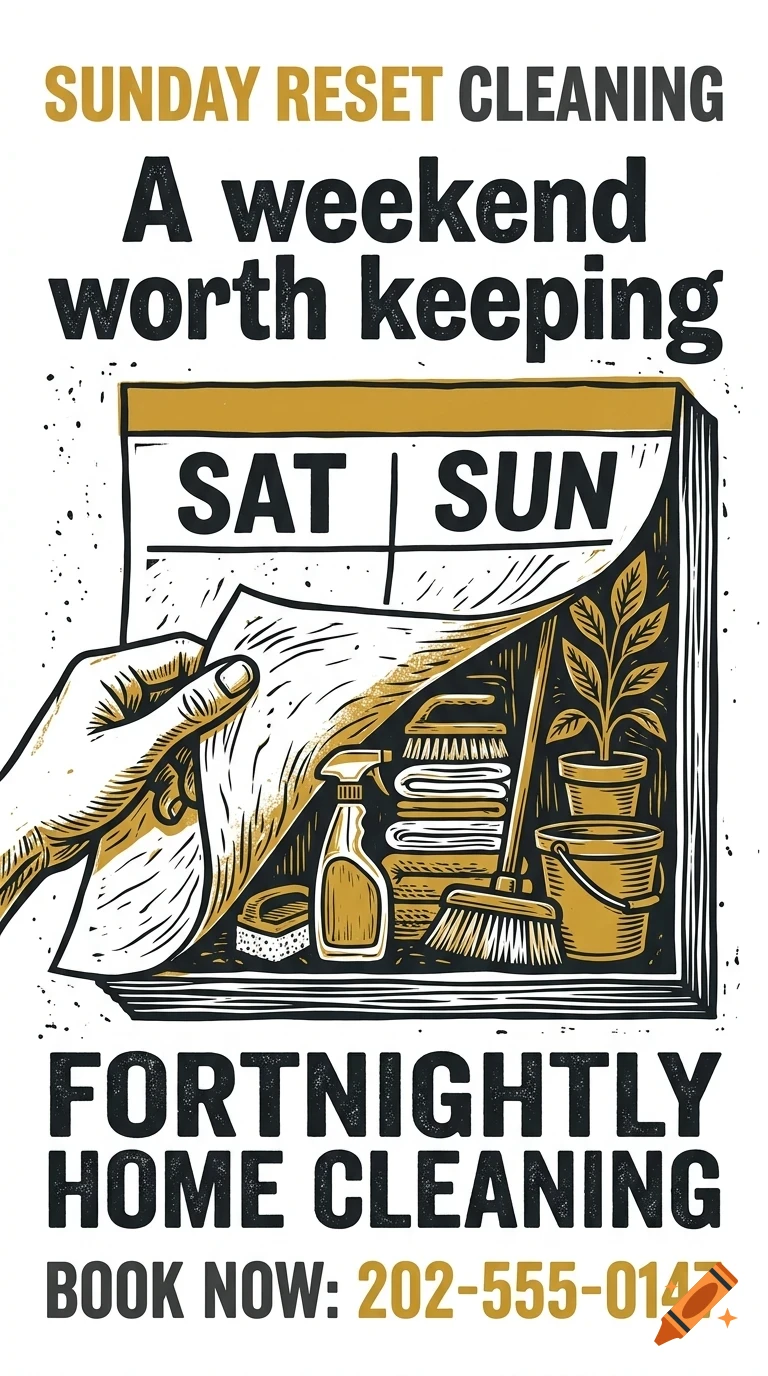 An illustrated poster advertising cleaning services, showing a hand peeling back a calendar page to reveal cleaning supplies underneath.