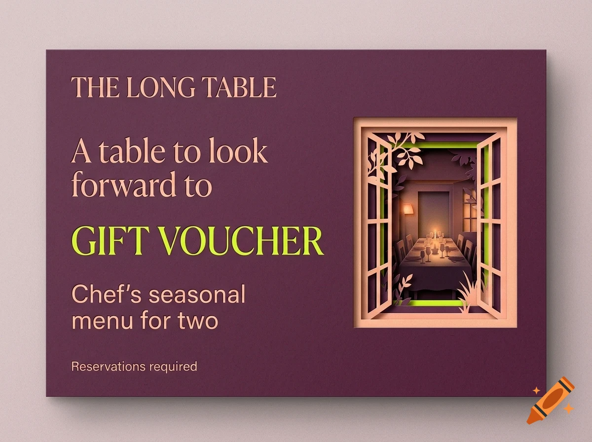 A purple gift voucher featuring the text THE LONG TABLE and a cut-out window view of a candlelit restaurant dining table.