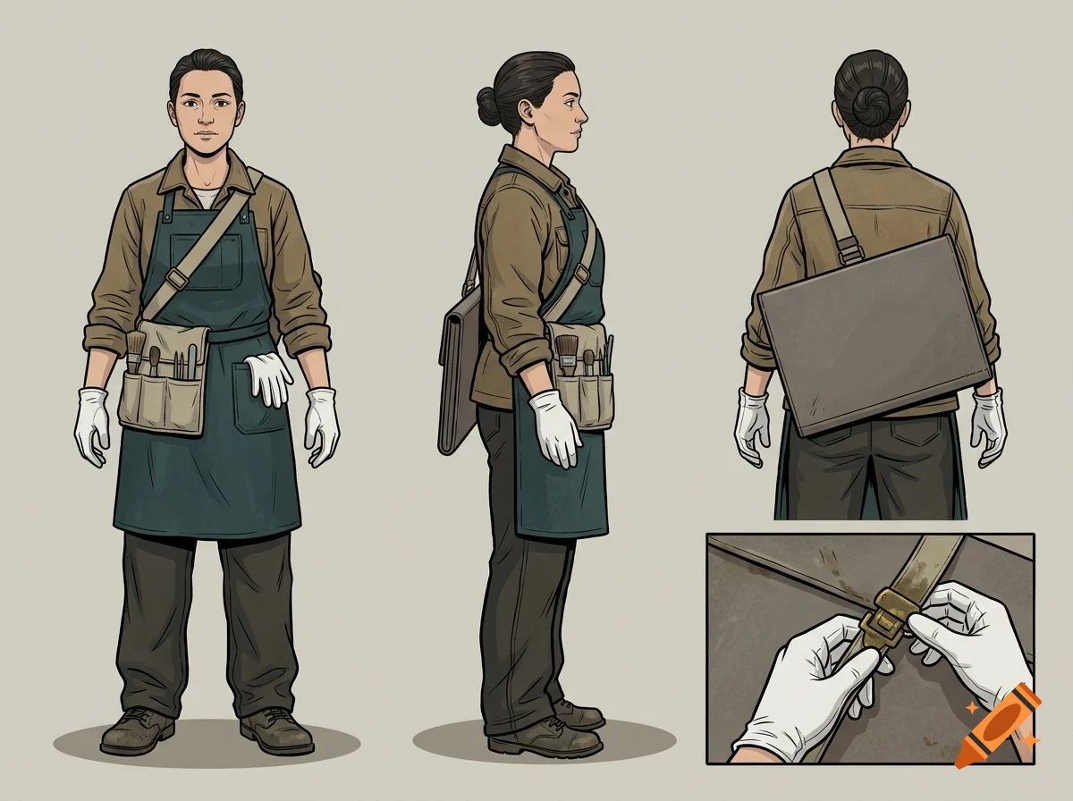 Character turnaround sheet showing a person in work clothes, apron with tools, white gloves, and carrying a bag from front, side, and back views.
