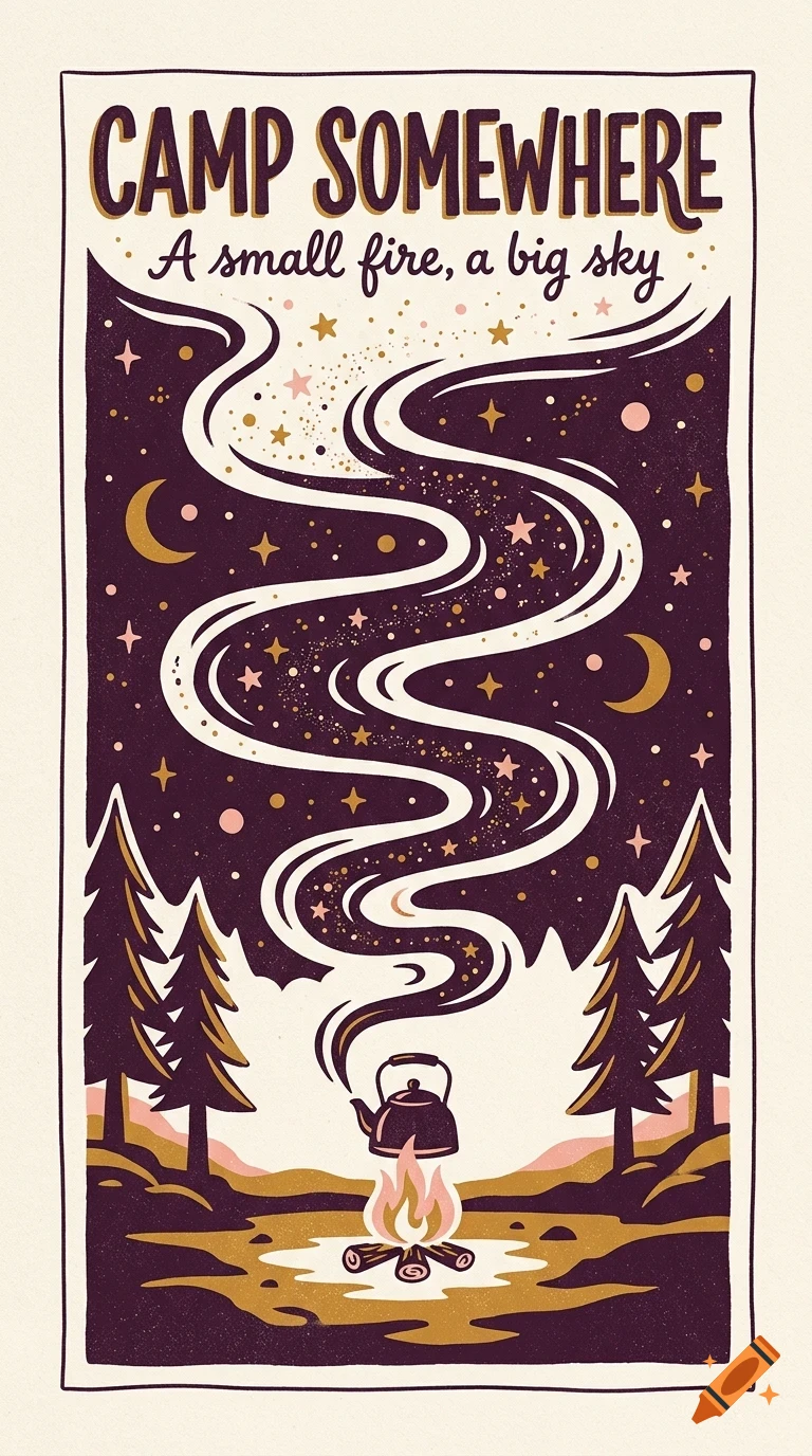 An illustrated poster with the text CAMP SOMEWHERE and A small fire, a big sky, showing a small campfire with a kettle under a starry night sky and pine trees.