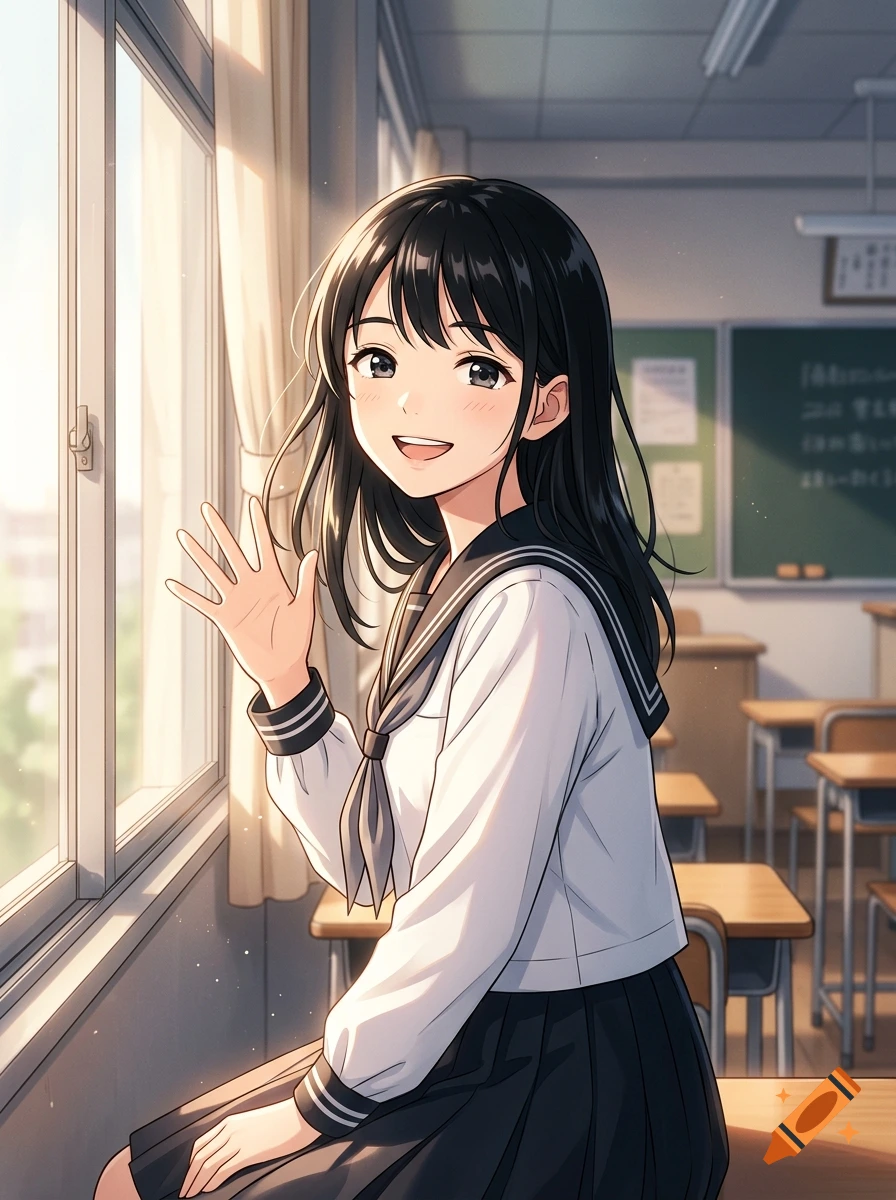 Anime style illustration of a smiling schoolgirl with black hair waving while sitting by a classroom window.