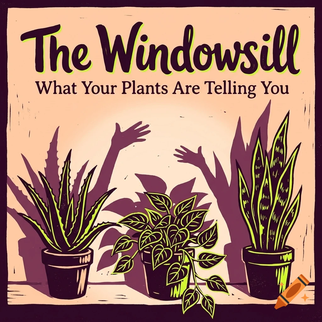 An illustration with potted plants and shadows of hands on a peach background, with the text 'The Windowsill' and 'What Your Plants Are Telling You'.
