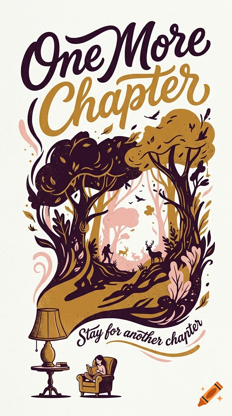 An illustration of a person reading a book in an armchair next to a lamp, with the scene above transforming into a forest landscape with the text One More Chapter.
