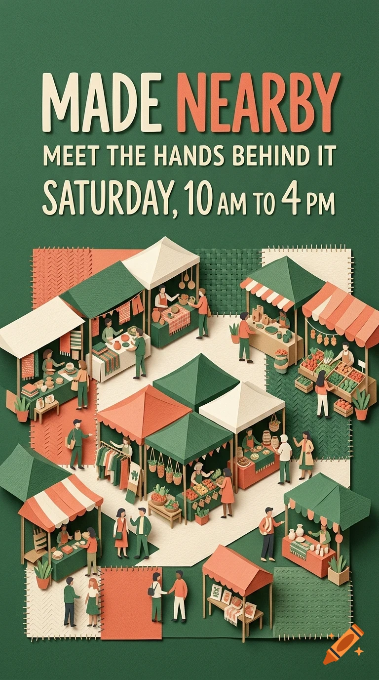 An overhead papercraft illustration of a bustling outdoor market with stalls, vendors, and shoppers, with text reading 'MADE NEARBY MEET THE HANDS BEHIND IT SATURDAY, 10 AM TO 4 PM'.