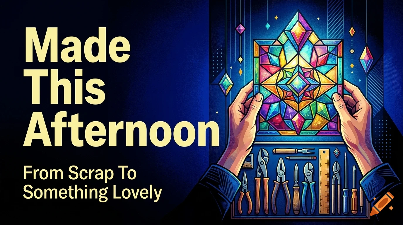 An illustrated poster features hands holding a colorful stained-glass design, with tools laid out below and large text reading Made This Afternoon From Scrap To Something Lovely.