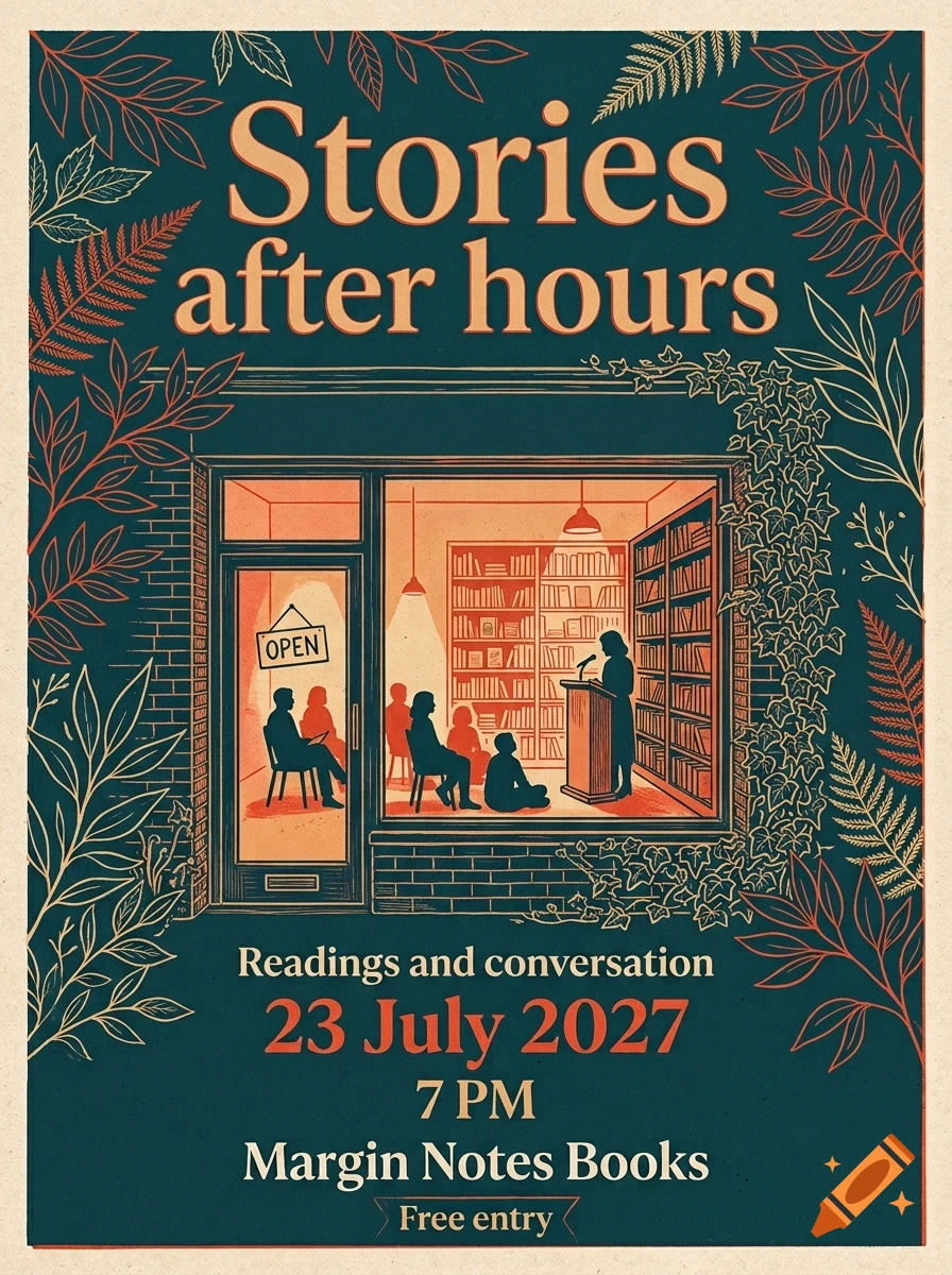 An illustrated event poster for 'Stories after hours' featuring a bookstore interior with people listening to a reading, framed by foliage.
