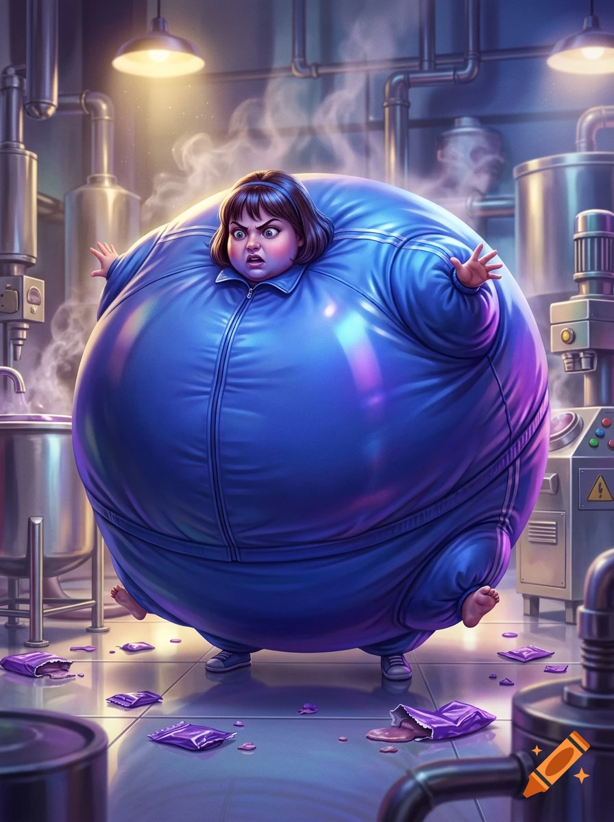 Digital painting of Violet Beauregarde transformed into a large blue spherical blueberry inside a factory.