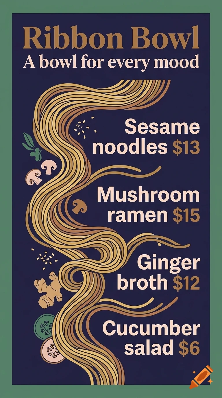 A menu design for Ribbon Bowl featuring noodle illustrations and food items with prices.
