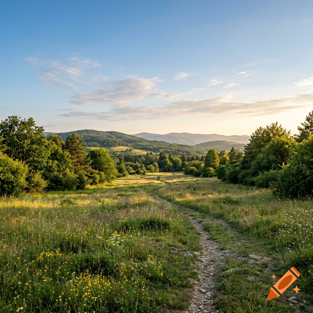 A photorealistic landscape of a grassy meadow with a dirt path winding through wildflowers towards distant rolling hills and mountains under a blue sky.