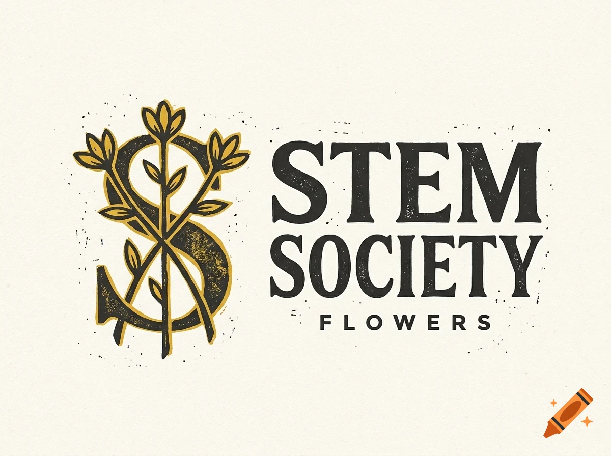 A vintage logo featuring a stylized letter S intertwined with botanical stems and flowers, accompanied by the text STEM SOCIETY FLOWERS.