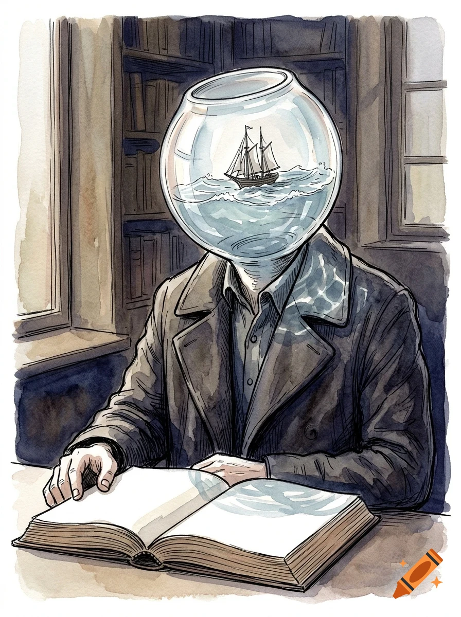 An illustration of a person in a coat sitting at a desk reading a book, with a fishbowl for a head containing water and a sailing ship.